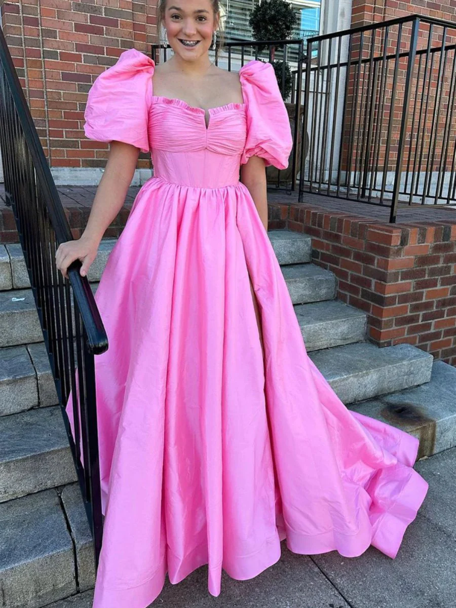Lynette | Square Neck Fuchsia Puff Sleeves A-Line Prom Dress