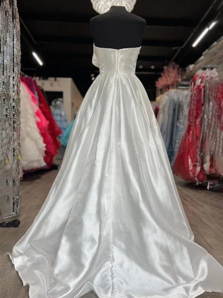 Edgar | Strapless White Satin A-line Long Formal Dress with Bow