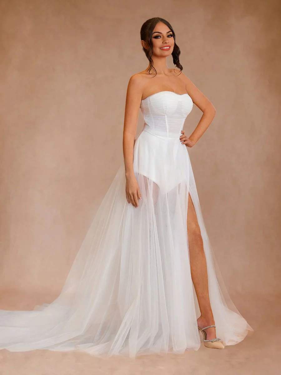 A-line Sweetheart Tulle High Split Bohemian Wedding Dresses