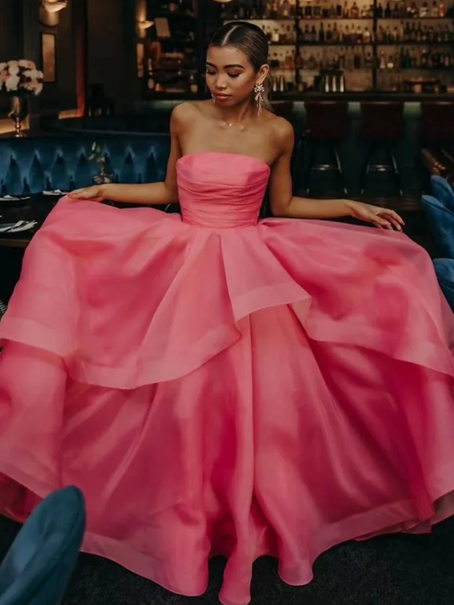 Elisa |Light Pink A Line Strapless Organza Prom Dress