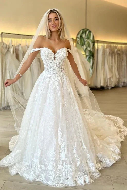 Off the Shoulder Romantic Lace Wedding Dress Bridal Gown