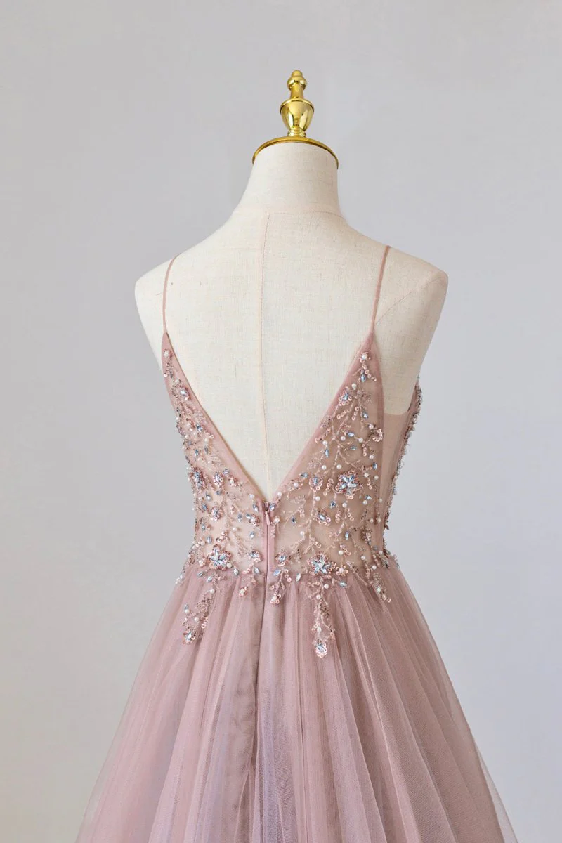 Yareli | Pink Tulle Long A-Line Prom Dress, Pink Spaghetti Formal Dress with Beaded