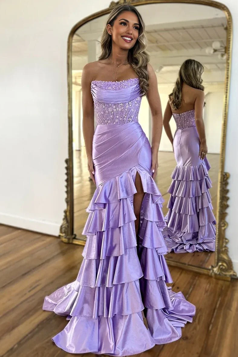 Yvonne | Charming Mermaid Strapless Pink Satin Long Prom Dresses with Appliques