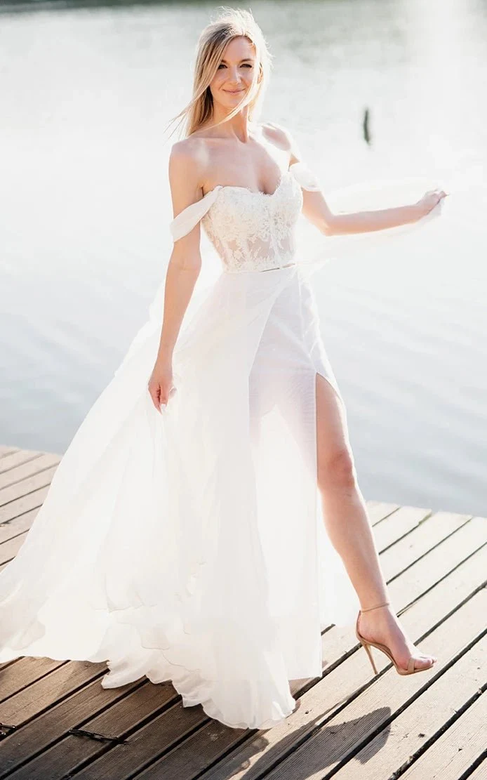 Two Piece Off-the-shoulder Lace Wedding Dress With Cross Back And Split Front