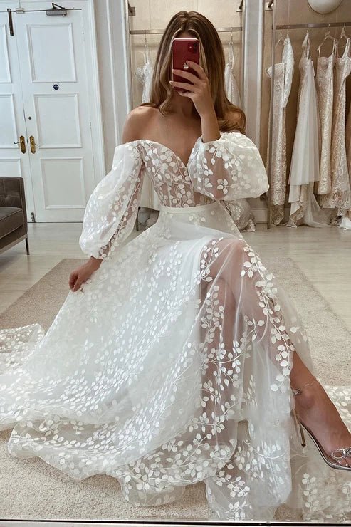 Plunging V-Neck Allover Lace Bohemian Wedding Dress with Sleeves