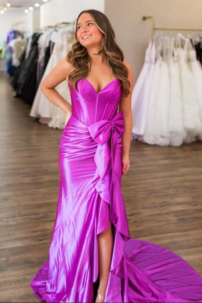 Jianna | Straps V-Neck Satin Mermaid Prom Dress with Bow