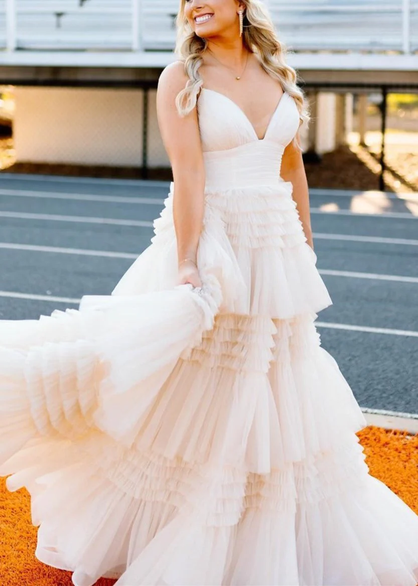 Amanda| A-Line Spaghetti Straps Long Tiered Tulle Prom Dress With Split