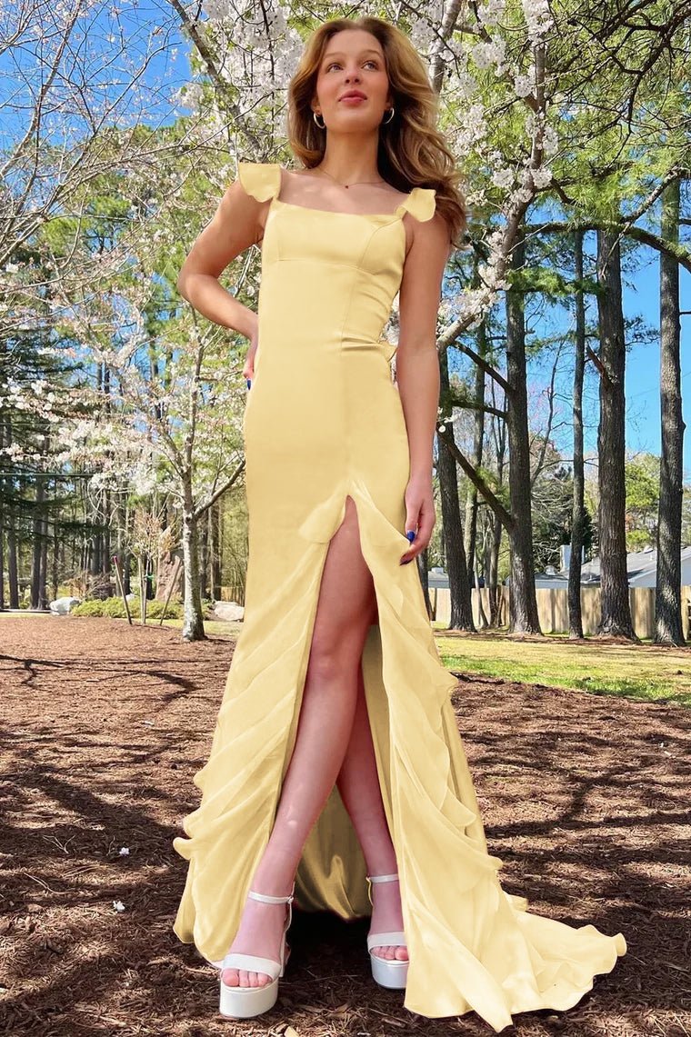 Ailani | Emerald Green Square Neck Ruffle Slit Prom Dress