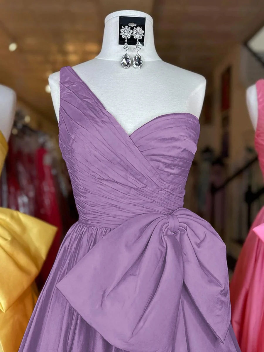 Elvinia | One Shoulder Satin A Line Prom Dress With Bow