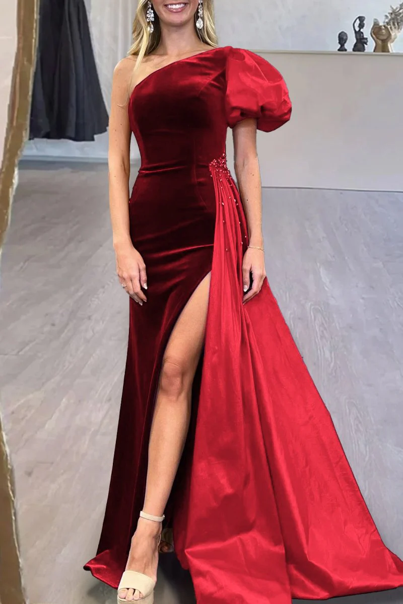 Jazmine | Royal Blue Velvet One-Shoulder Long Formal Dress with Attached Train