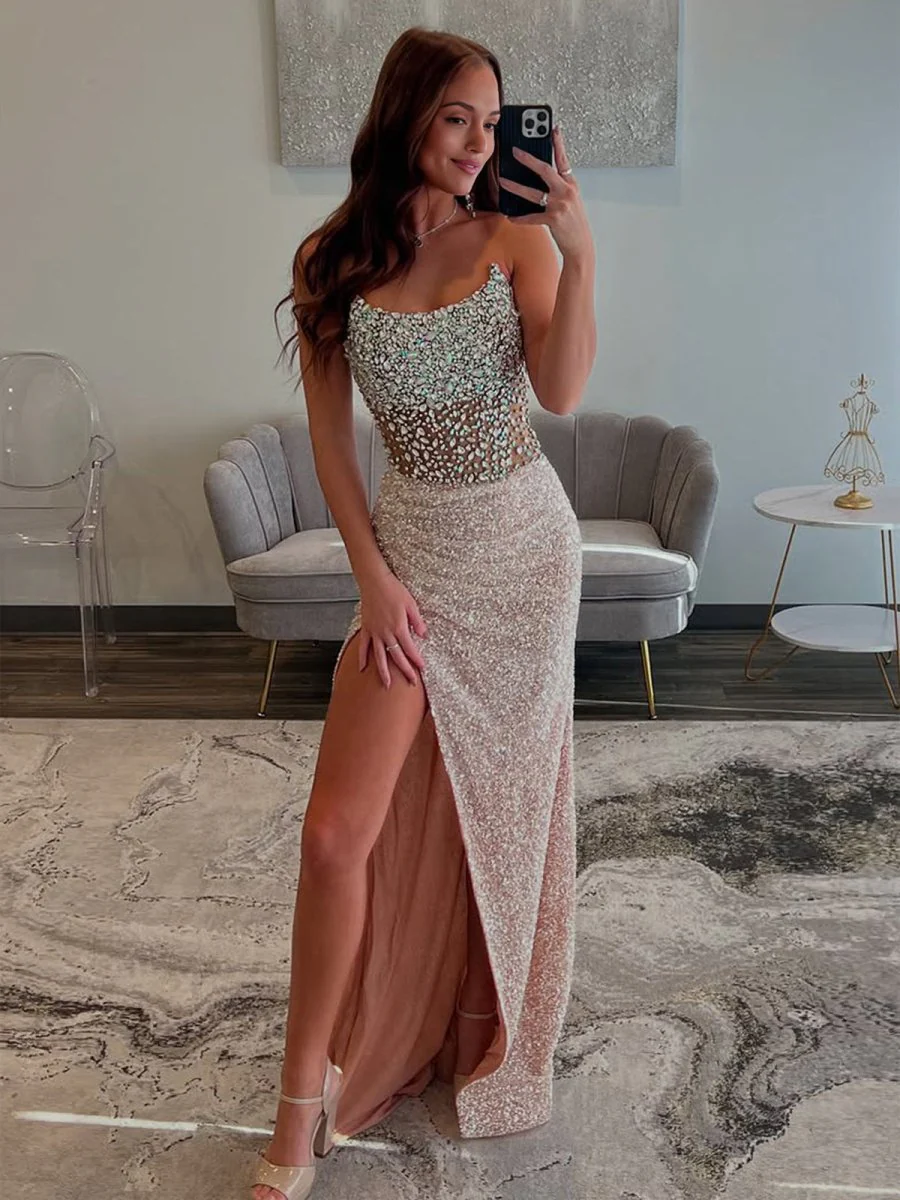 Jacqueline | Mermaid Champagne Strapless Sequins Long Prom Dresses with Slit