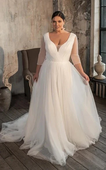 Casual V-neck A Line Tulle Court Train Wedding Dress with Ruching