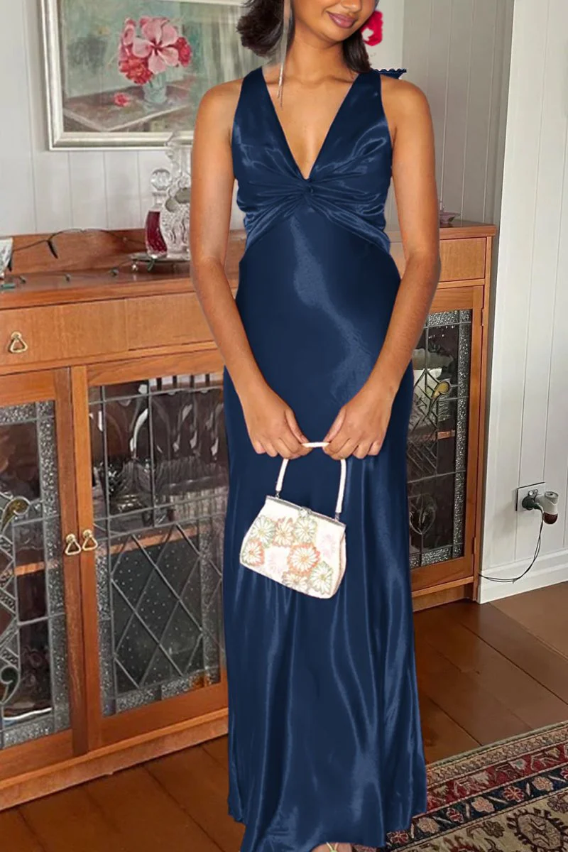 Steph | Halter V-Neck Pleated Satin Sleeveless Long Prom Party Dress