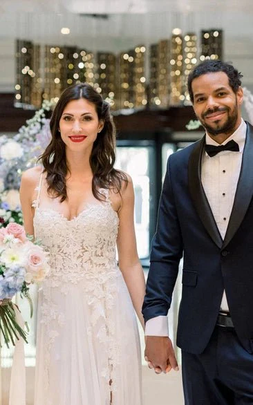 Spaghetti A-Line Lace Bohemian Wedding Dress With Open Back And Split Front