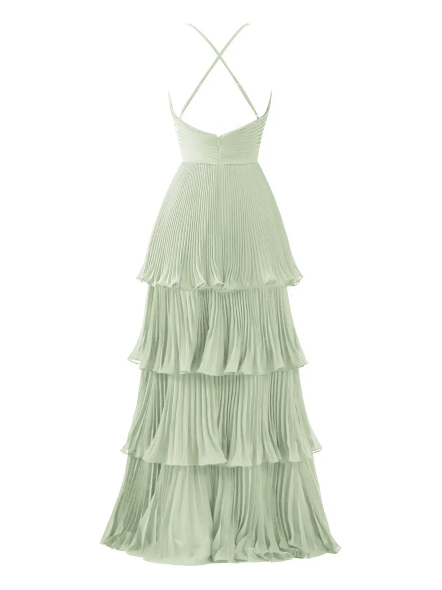 Dark Green A-Line Tiered Floor Length Chiffon Bridesmaid Dress
