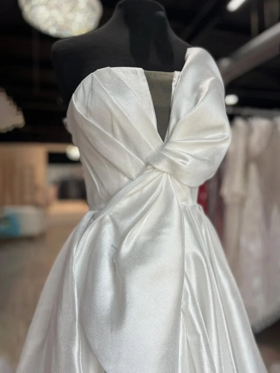 Edgar | Strapless White Satin A-line Long Formal Dress with Bow