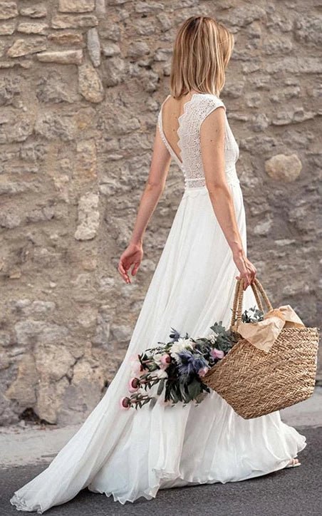 Ethereal Chiffon Lace V-neck A Line Short Sleeve Wedding Dress with Low-V Back