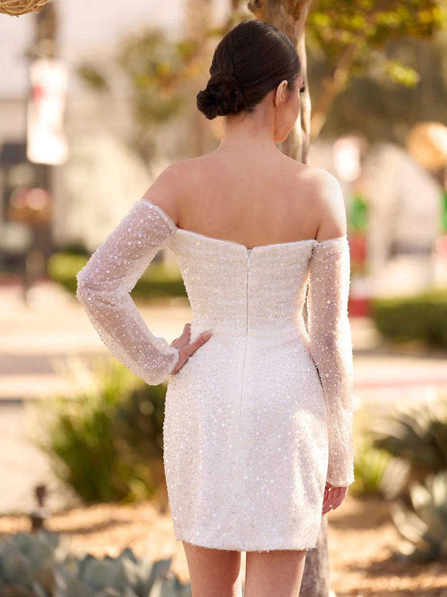 Aelia | Chic Short Sequined Backless Wedding Dress With Long Detachable Sleeves