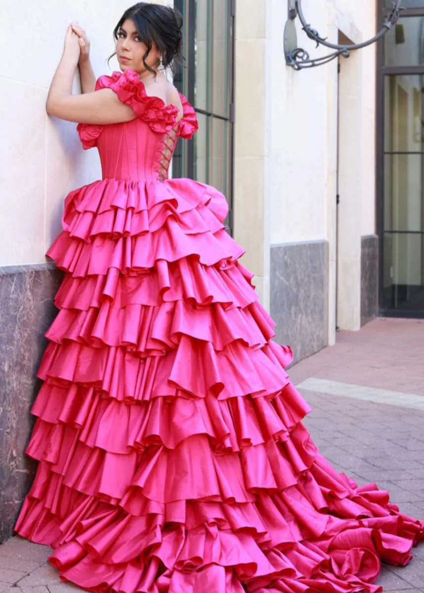 Madelynn | Off-Shoulder Ruched A-Line Layered Satin Prom Dress with Slit
