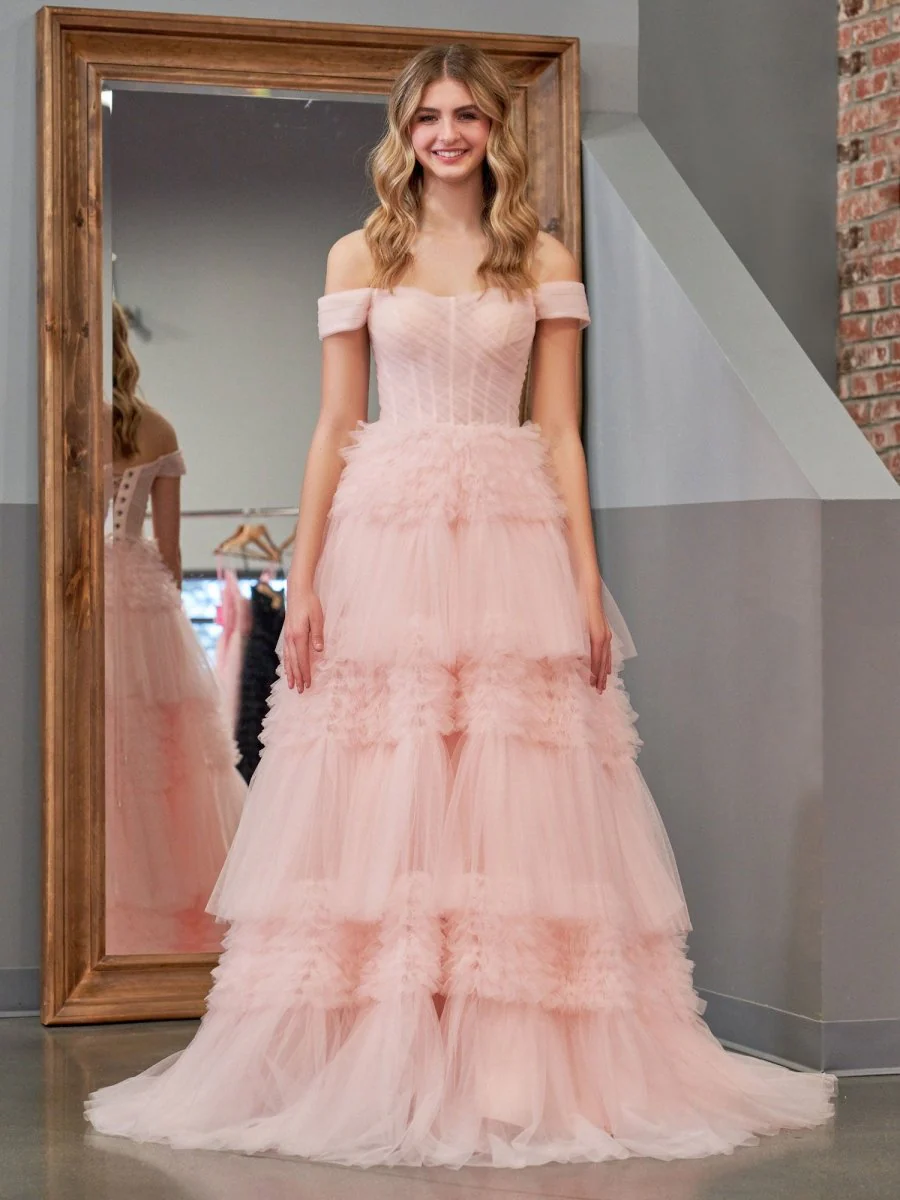Zariah | Blush Princess A line Off Shoulder Ruffled Tulle Prom Dress
