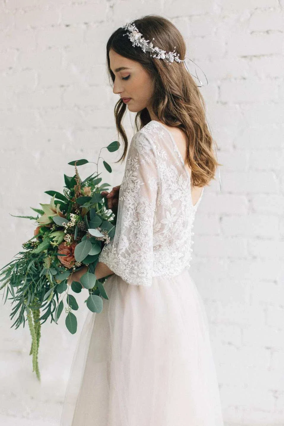 Bateau Lace Half Sleeve A-Line Tulle Dress With Low-V Back