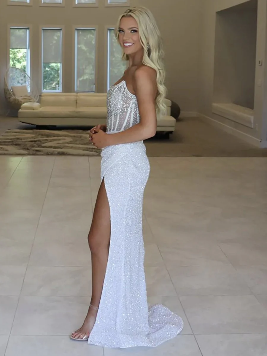 Narcissa | Strapless Mermaid Long Sequins Prom Dress With Split