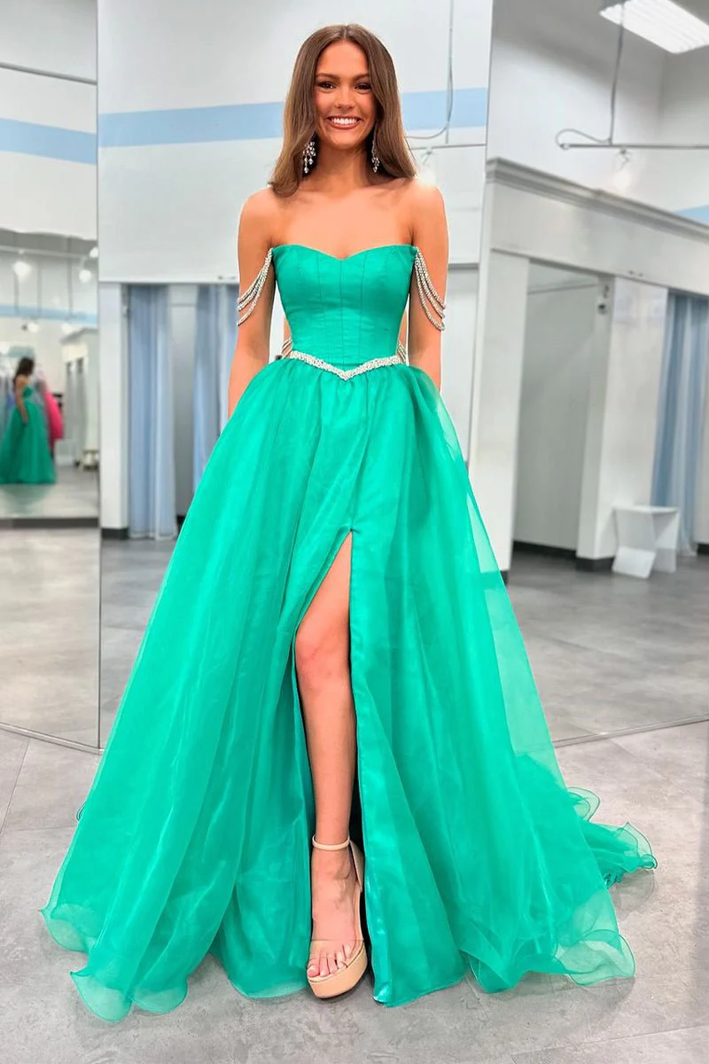 Ivayla | Ball Gown Strapless Green Tulle Beaded Long Prom Dresses with Slit