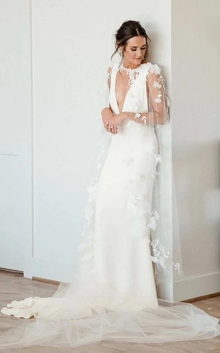 Modern Sheath V-neck Satin Sweep Train Wedding Dress