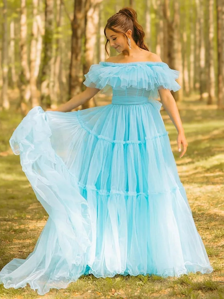 Mikelle | Ruffles Off the Shoulder Corset A-line Long Formal Dress