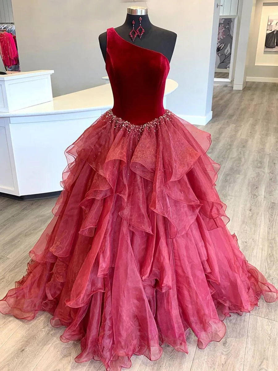 Belinda | Ruffle One Shoulder Royal Blue Velvet Top Long Formal Dress