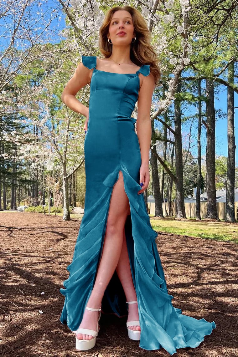 Ailani | Emerald Green Square Neck Ruffle Slit Prom Dress