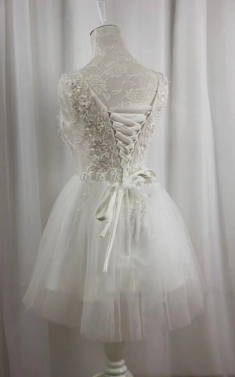 Short V-Neck Tulle Satin A-Line Wedding Dress