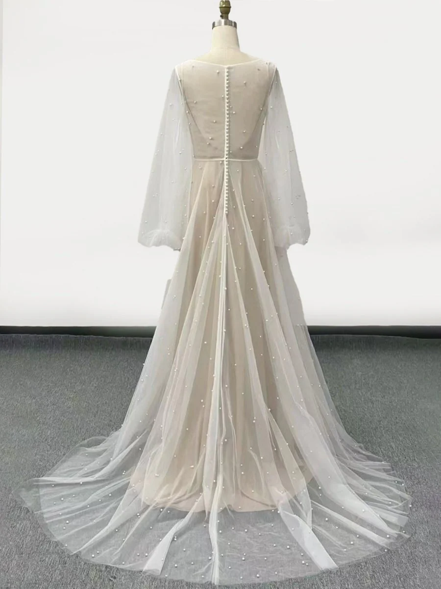 Franceska | Simple Modest A-Line Long Sleeve Tulle Elopement Illusion Wedding Dress with Pearl