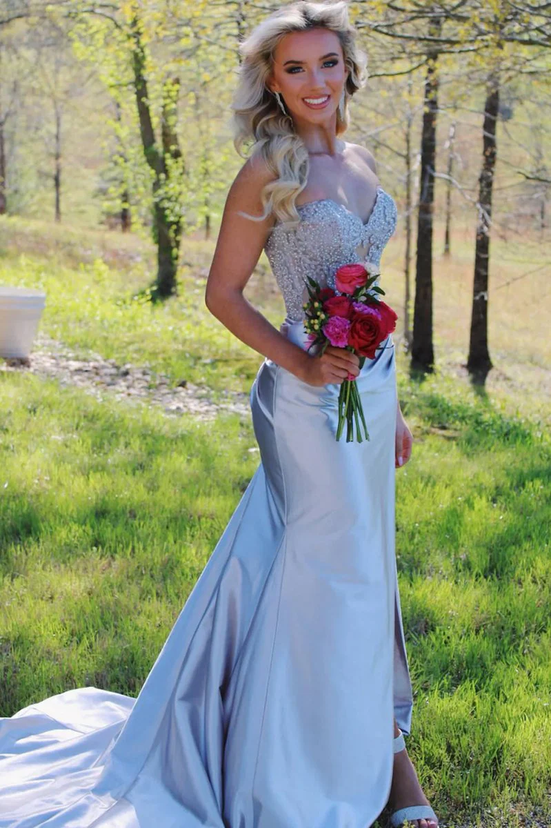 Aeth | Royal Blue Strapless Lace Mermaid Long Prom Dresses With Slit