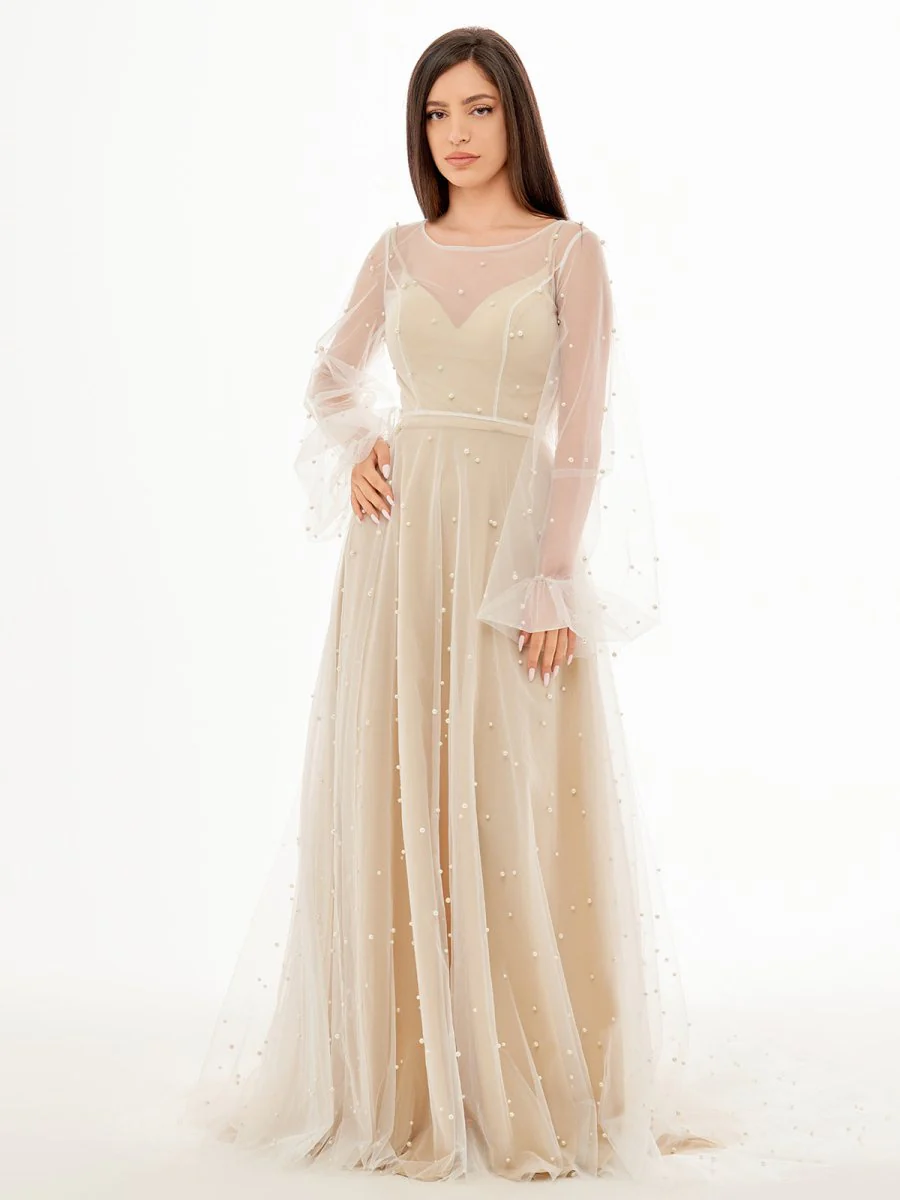 Franceska | Simple Modest A-Line Long Sleeve Tulle Elopement Illusion Wedding Dress with Pearl