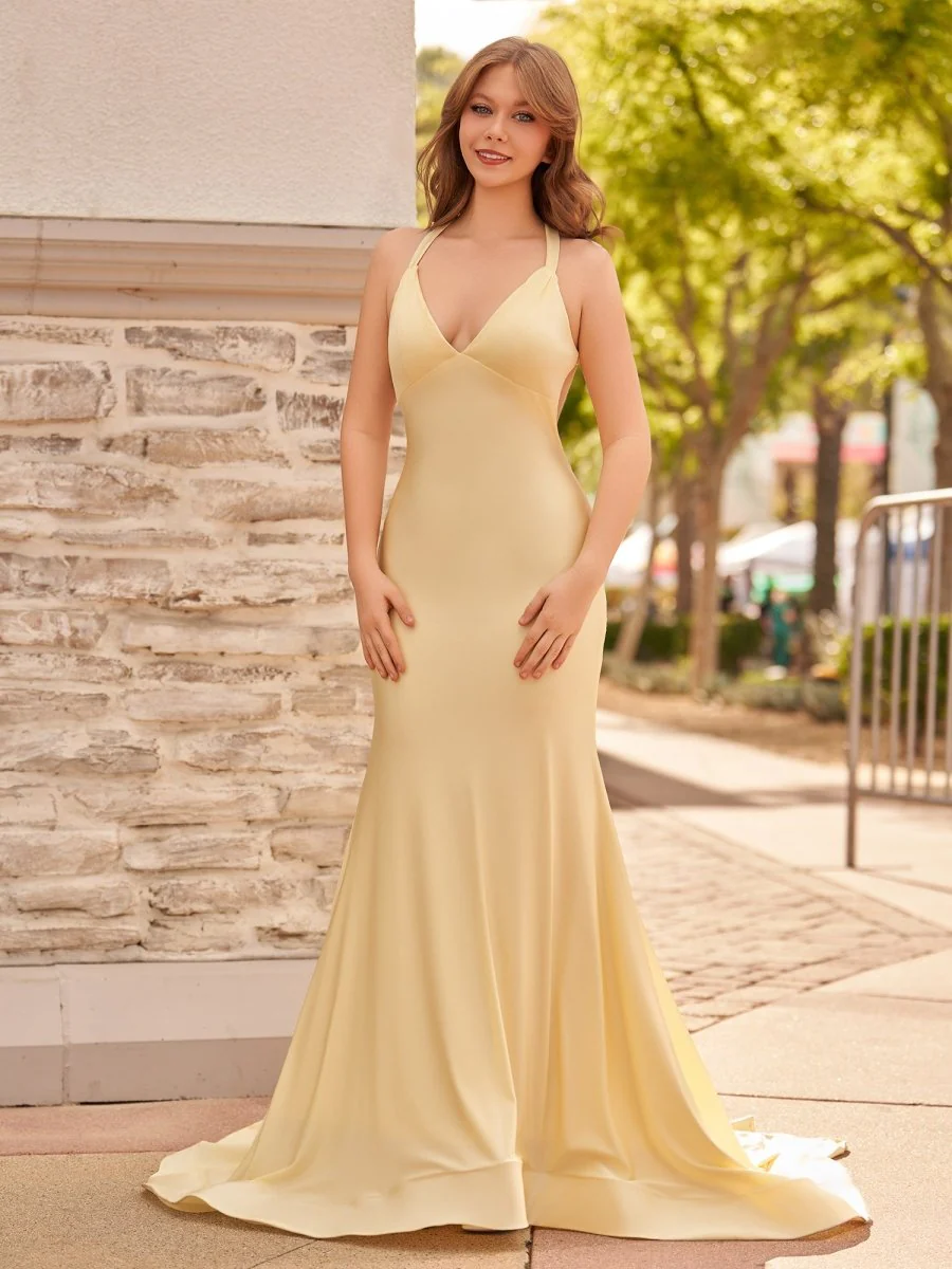 Quaylee | Yellow Mermaid V-Neck Satin Prom Dresses With Tail Evening Dress