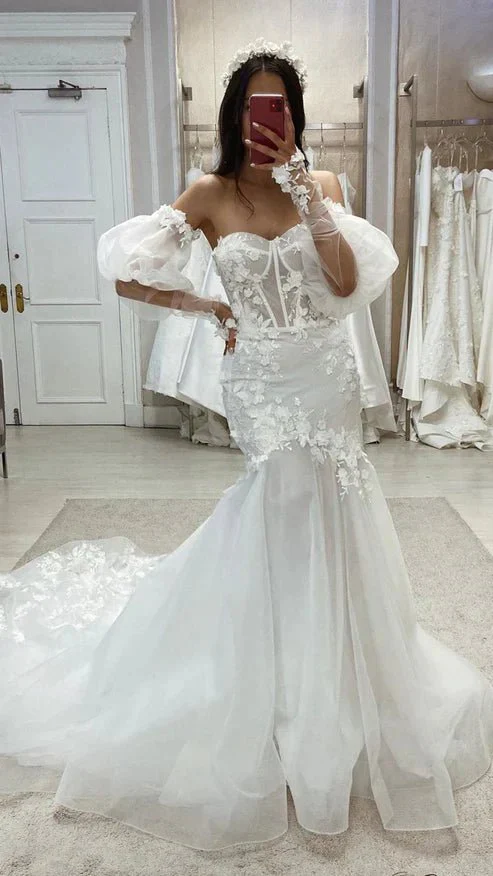 Tulle Trumpet Sweetheart Detachable Puff Sleeves Appliques With Tulle Train Wedding Dress