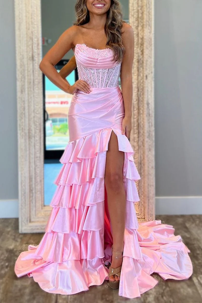 Yvonne | Charming Mermaid Strapless Pink Satin Long Prom Dresses with Appliques