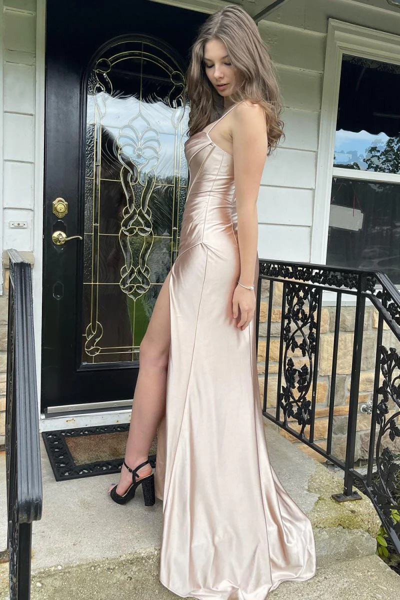 Spaghetti Straps Satin Mermaid Prom Dress with Slit