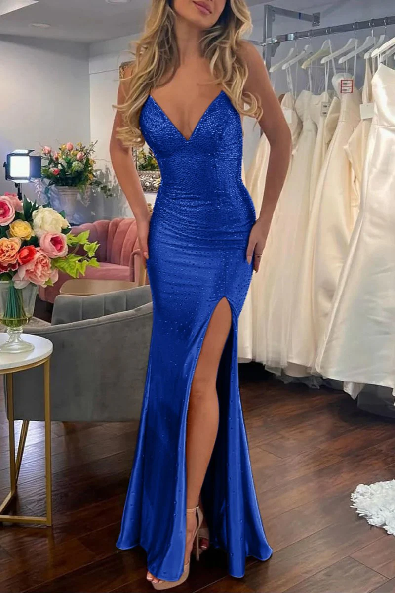 Jean | Sexy Mermaid V Neck Satin Slit Prom Dress with Hot Stone