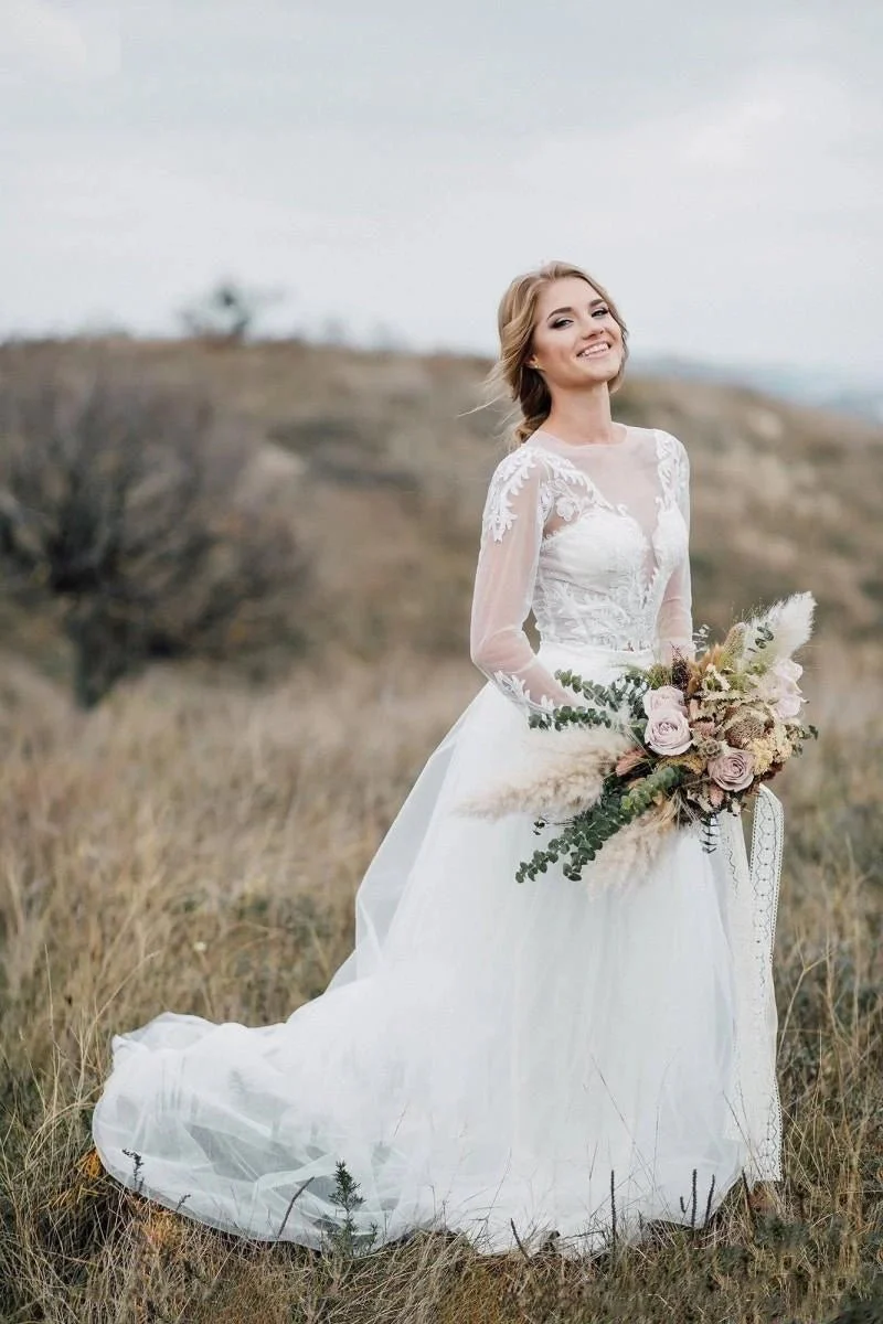 Glamorous Bohemian Illusion Sleeves Lace Two Piece Court Train Wedding Dress