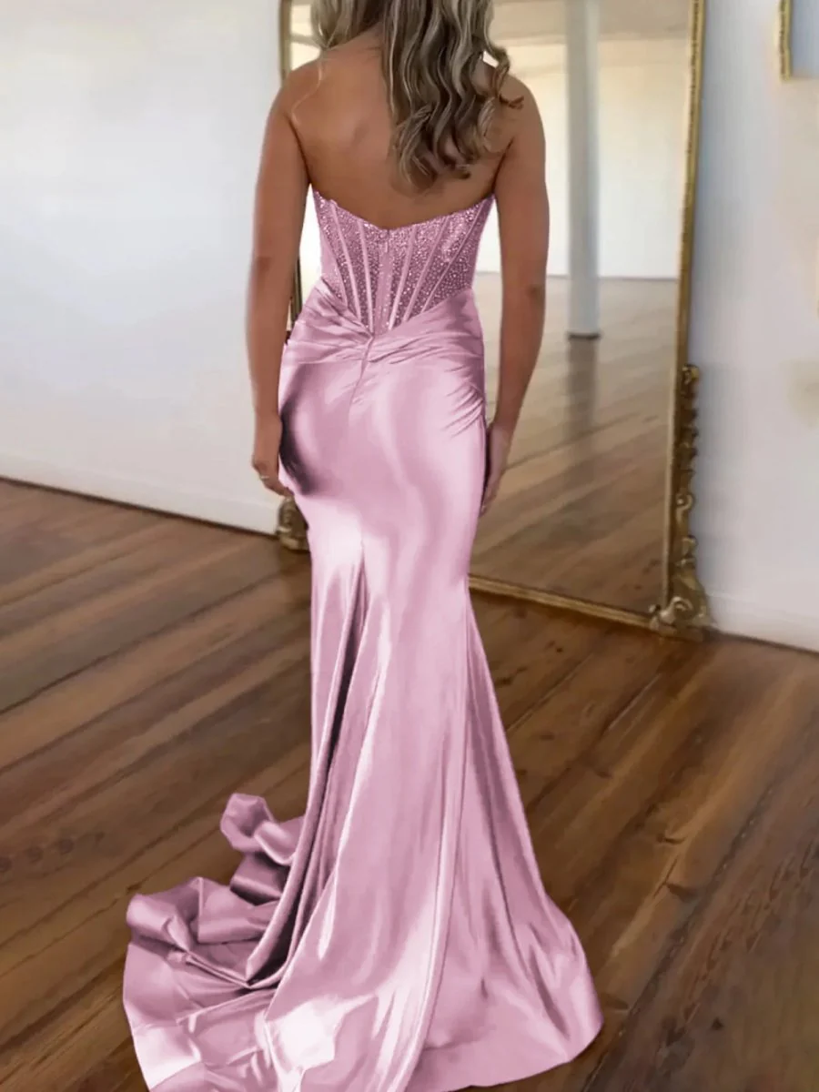 Serin | Purple Strapless Mermaid Satin Long Prom Dress With Beading