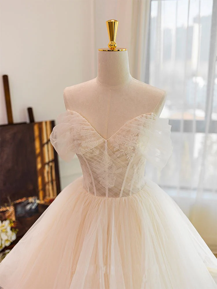 Vivienne | Champagne Tulle Lace Wedding Dress With Sweep Train
