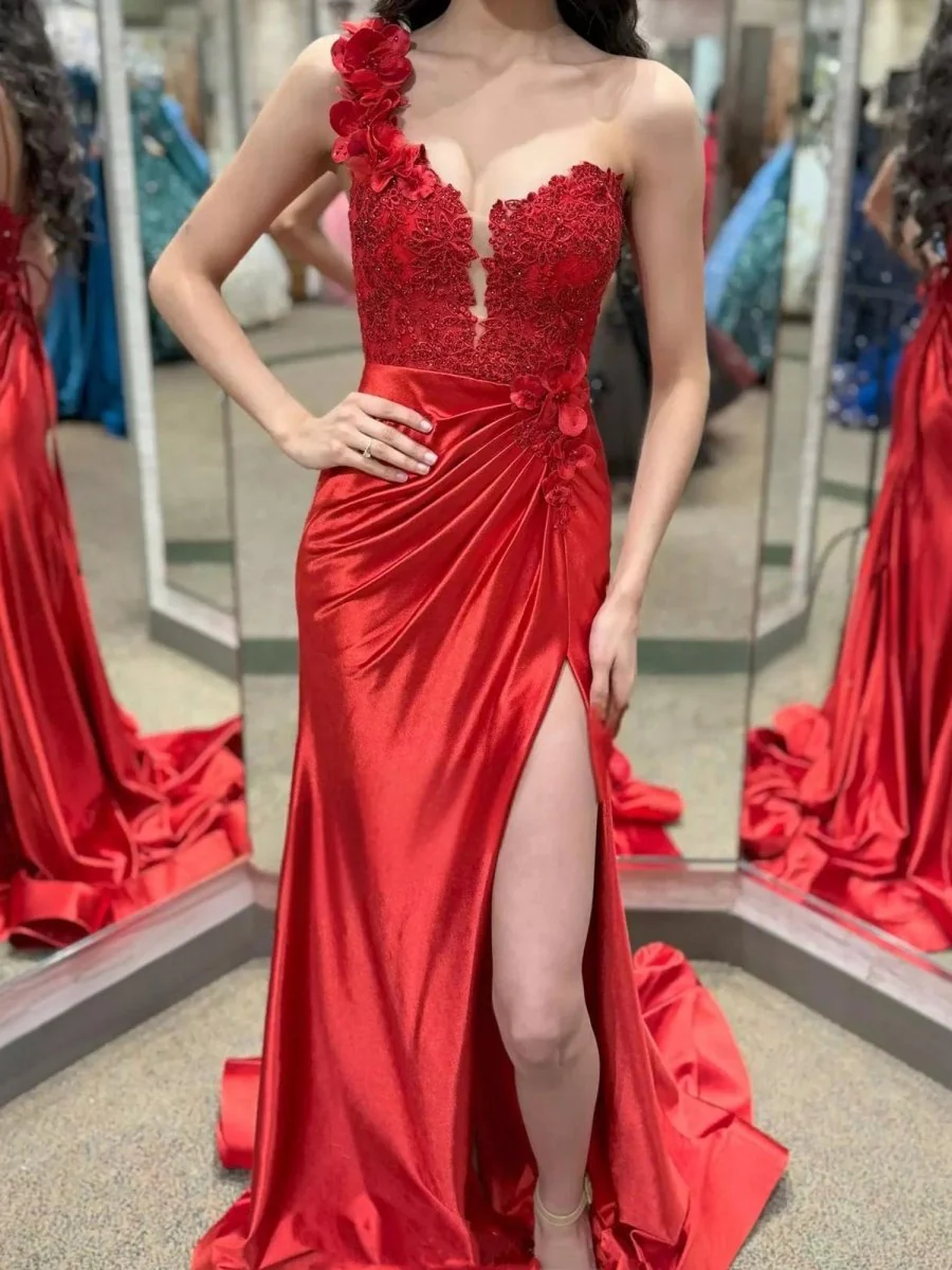 Mandel|Red One-Shoulder 3D Floral Lace Pleated Long Gown with Slit
