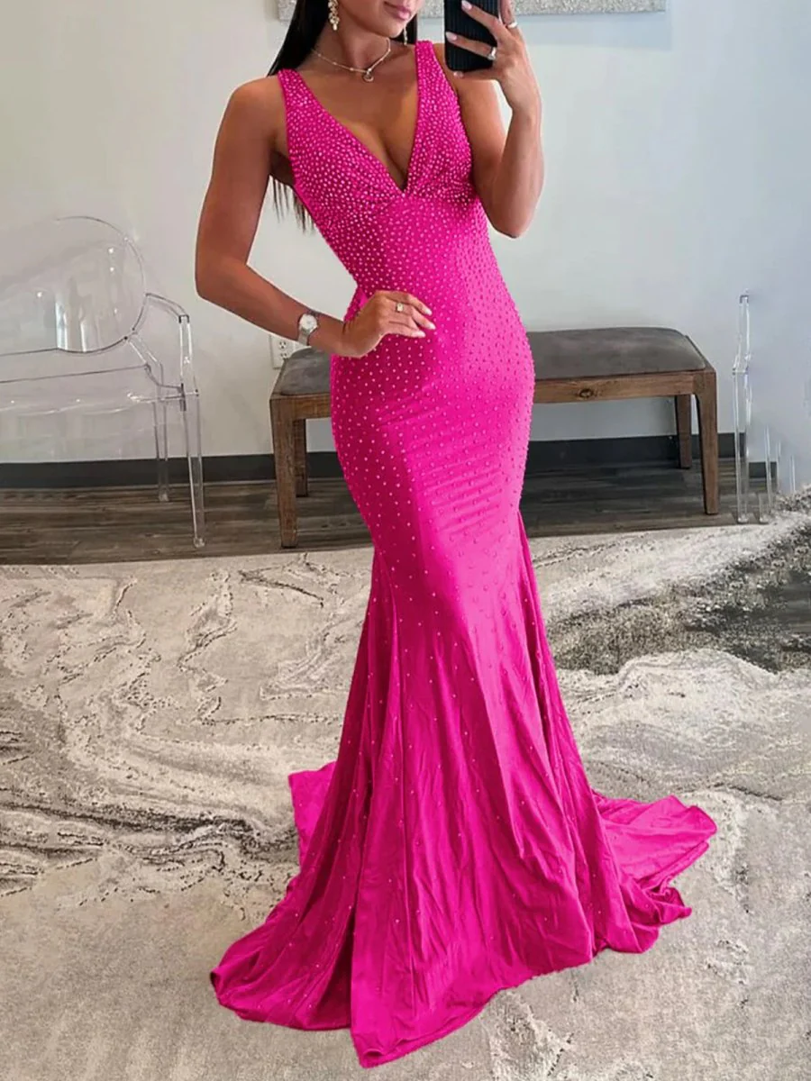 Molly | Mermaid Deep V-Neck Beaded Satin Long Prom Dress