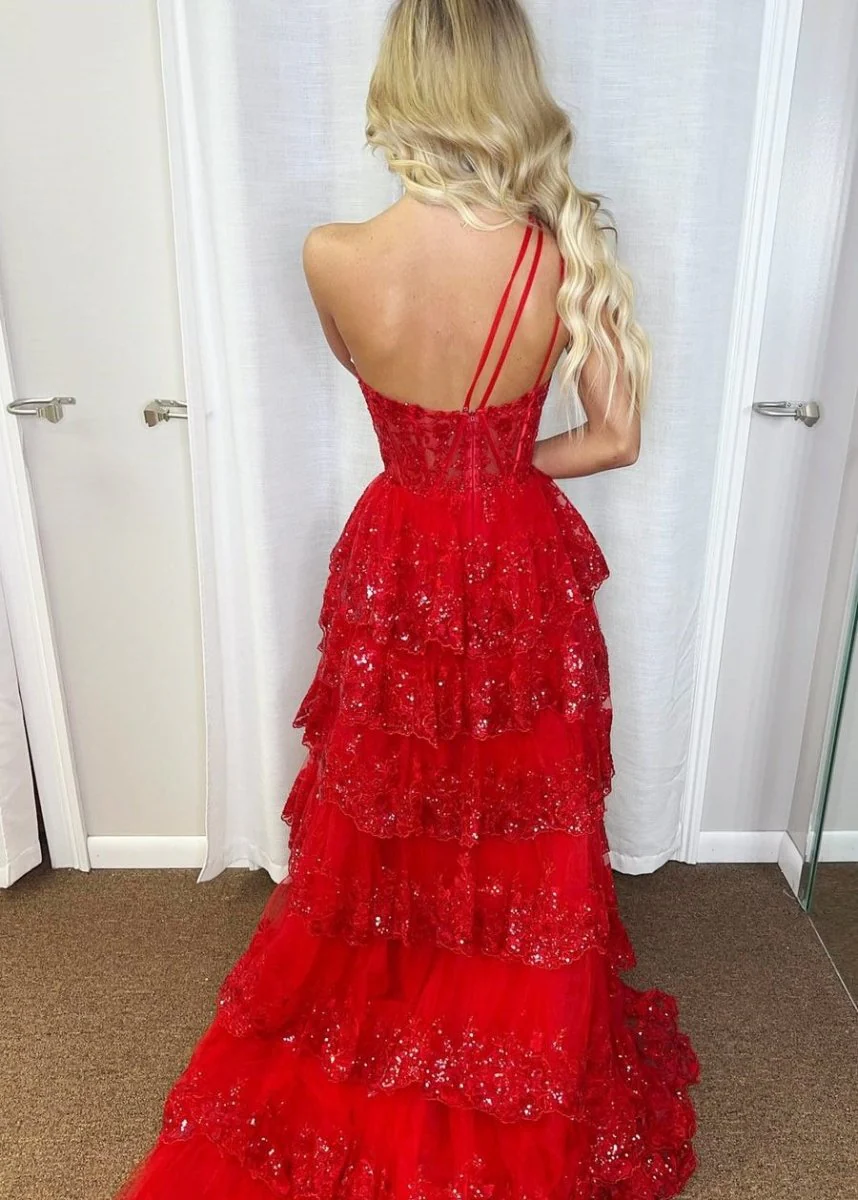 Livia |Sheath One Shoulder Tiered Lace Long Prom Dress