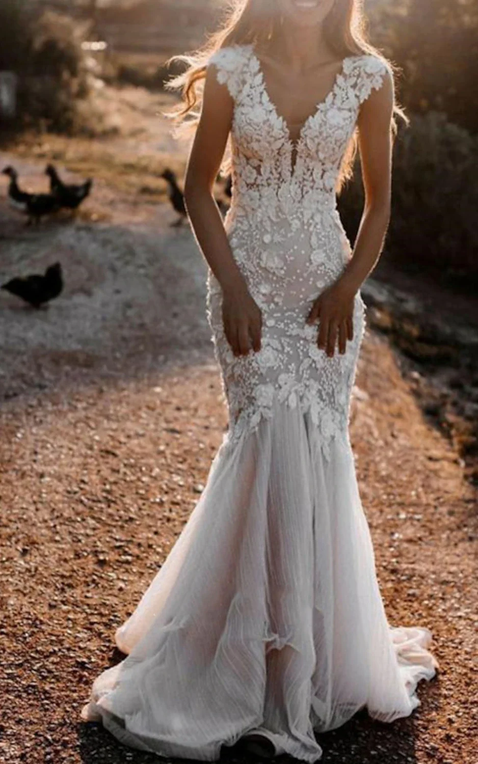 Boho Mermaid Wedding Dress Floral V-neck Casual Gown with Open Back and Lace Appliques