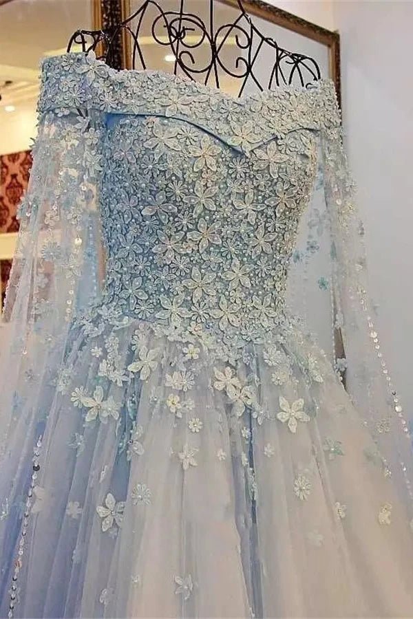 Princess Sparkly Blue A-Line Off-the-Shoulder Lace Wedding Dress Modest Unique Fairy Tied Back Bridal Gown with 3D Floral Appliques