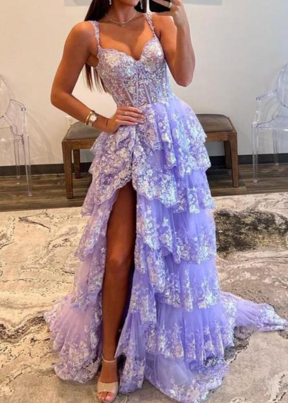 Capri | A-Line Lace Off-the-Shoulder Tiered Long Prom Dress with Slit