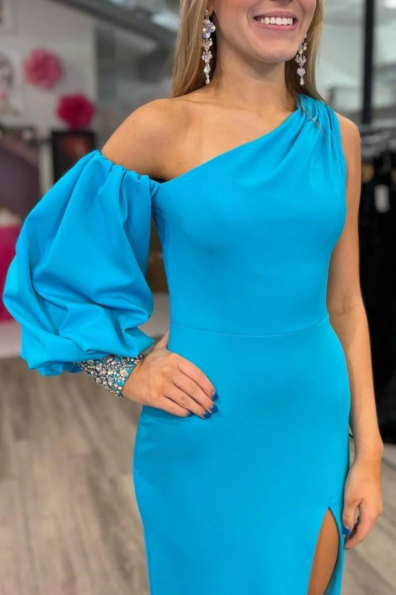 Asymmetrical Cobalt Blue Mermaid Long Formal Dress with Slit